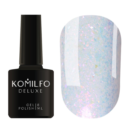 Komilfo Deluxe Gel Polish 8ml G013 Transparent Opal Holographic Flake bottle and swatch (Clear base with large, iridescent color-shifting flakes)