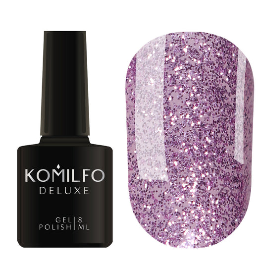 Komilfo Deluxe Gel Polish 8ml G017 Pink-Lilac Glitter bottle and swatch (Intense, full-coverage pink/purple glitter)