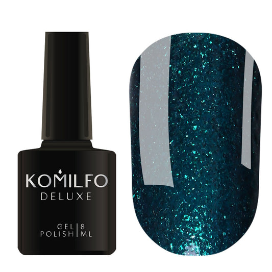 Komilfo Deluxe Gel Polish 8ml G019 Dark Emerald Fine Sparkle bottle and swatch (Intense, deep teal/emerald green glitter)