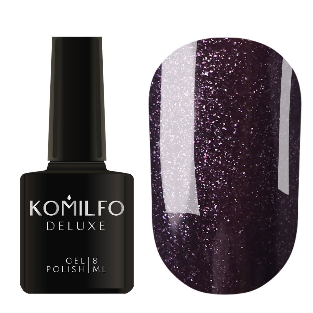 Komilfo Deluxe Gel Polish 8ml G022 Dark Purple Micro-Shine Glitter bottle and swatch (Intense, deep eggplant/plum glitter)