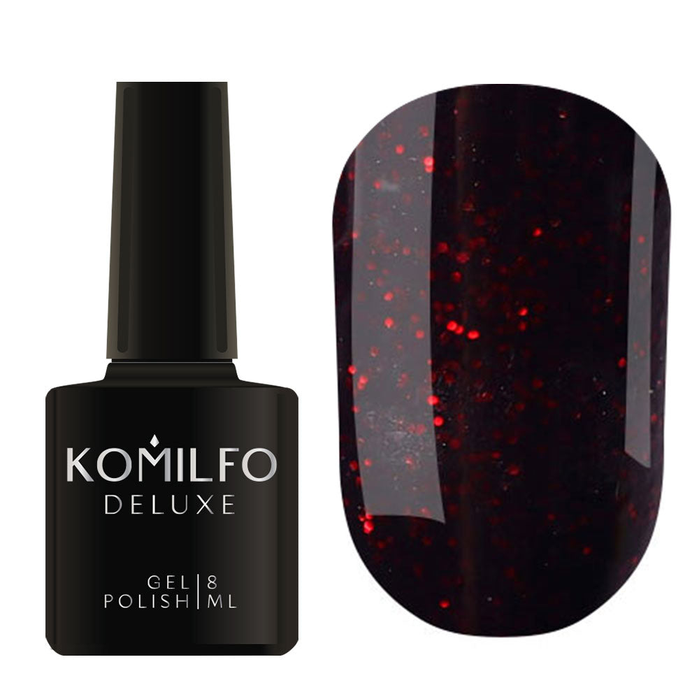 Komilfo Deluxe Gel Polish 8ml G024 Black with Red Glitters bottle and swatch (Intense, full-coverage dark base with red glitter)