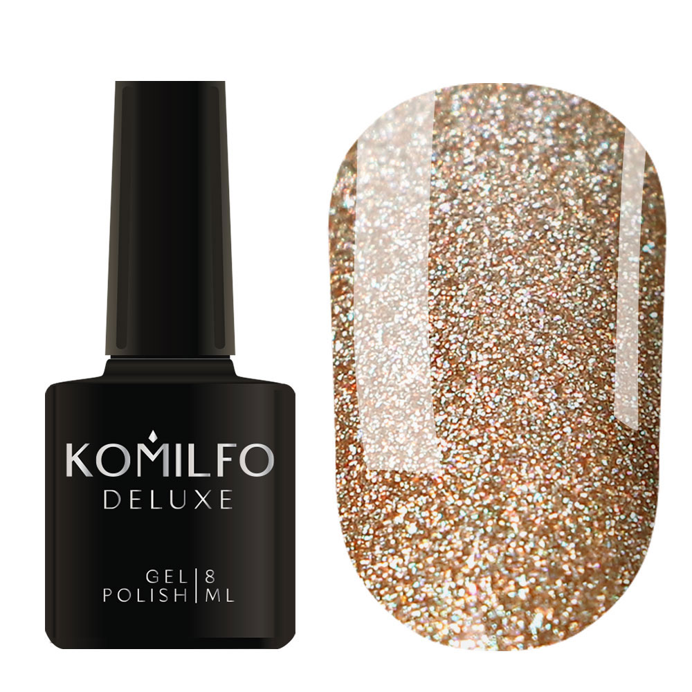 Komilfo Deluxe Gel Polish 8ml G025 Light Brown with Colorful Glitter bottle and swatch (Intense, full-coverage metallic bronze/rose gold glitter)