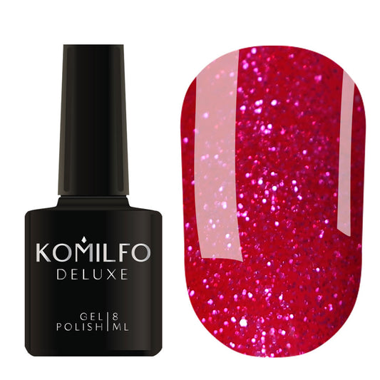 Komilfo Deluxe Gel Polish 8ml G026 Deep Pink with Light Pink Glitter bottle and swatch (Intense, full-coverage fuchsia glitter)
