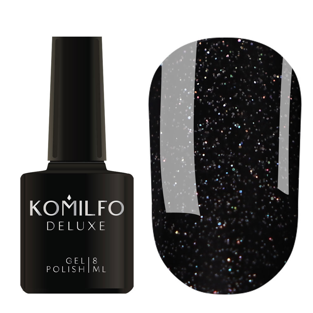 Komilfo Deluxe Gel Polish 8ml G027 Black with Colorful Glitter bottle and swatch (Intense, full-coverage black base with holographic/rainbow glitter)