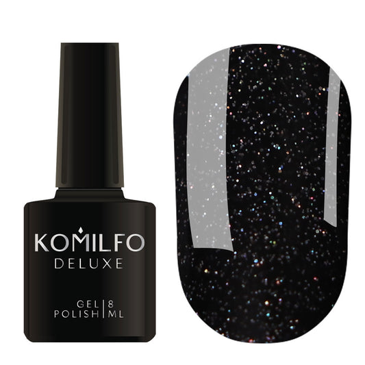 Komilfo Deluxe Gel Polish 8ml G027 Black with Colorful Glitter bottle and swatch (Intense, full-coverage black base with holographic/rainbow glitter)
