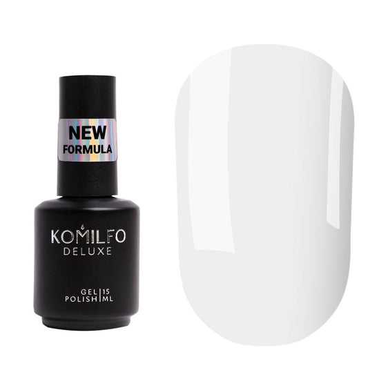 Komilfo White Intense Base New Formula (15ml) bottle and swatch (Opaque bright white base coat for nail strengthening and French manicure)