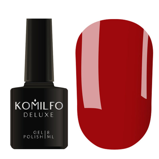 Komilfo Gel Polish Rior Collection R003 Ripe Cherry Red Enamel 8ml bottle and opaque red color swatch