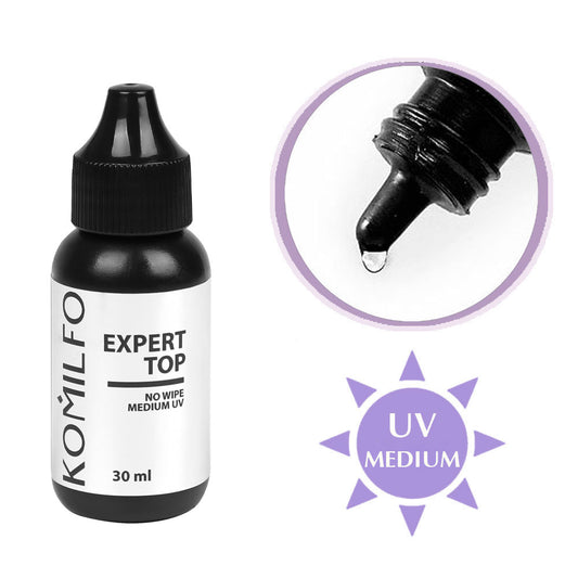 Komilfo Expert Top No Wipe 50ml bottle with dropper cap (Glossy gel polish top coat with medium UV filter)