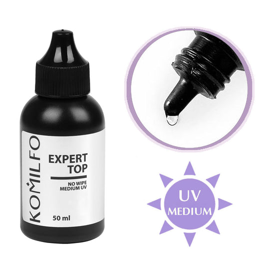 Komilfo Expert Top No Wipe 50ml bottle with dropper cap (Glossy gel polish top coat with medium UV filter)