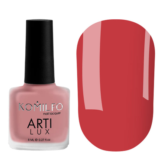 Komilfo ARTI LUX Lady in Red 001 Nail Lacquer 8ml bottle and color swatch (Warm persian red enamel polish)
