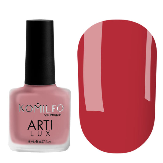 Komilfo ARTI LUX Lady in Red 002 Nail Lacquer 8ml bottle and color swatch (Deep fire brick red enamel polish)