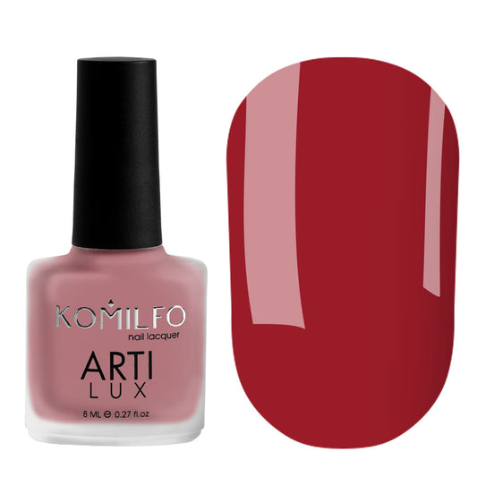 Komilfo ARTI LUX Lady in Red 003 Nail Lacquer 8ml bottle and color swatch (Classic red enamel polish)