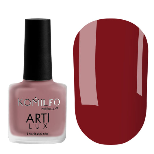 Komilfo ARTI LUX Lady in Red 004 Nail Lacquer 8ml bottle and color swatch (Deep maroon red enamel polish)
