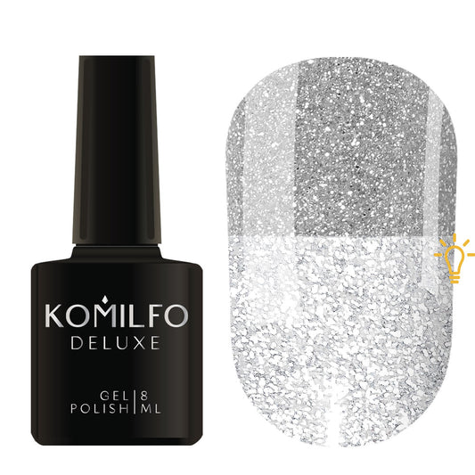 Komilfo Luminous Collection 8ml L001 bottle and swatch (Intense, full-coverage silver reflective glitter)