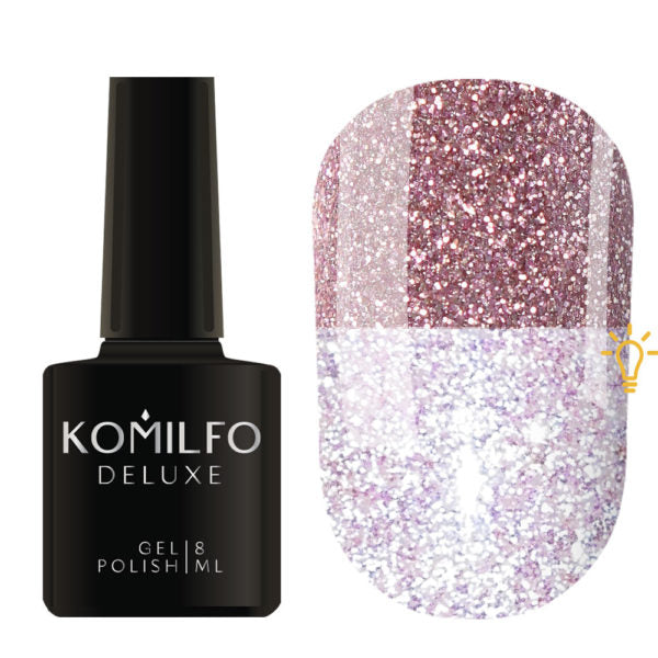 Komilfo Luminous Collection 8ml L002 bottle and swatch (Intense, full-coverage pink-lilac reflective glitter)