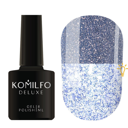 Komilfo Luminous Collection 8ml L003 bottle and swatch (Intense, full-coverage dark blue reflective glitter that flashes bright blue/white)
