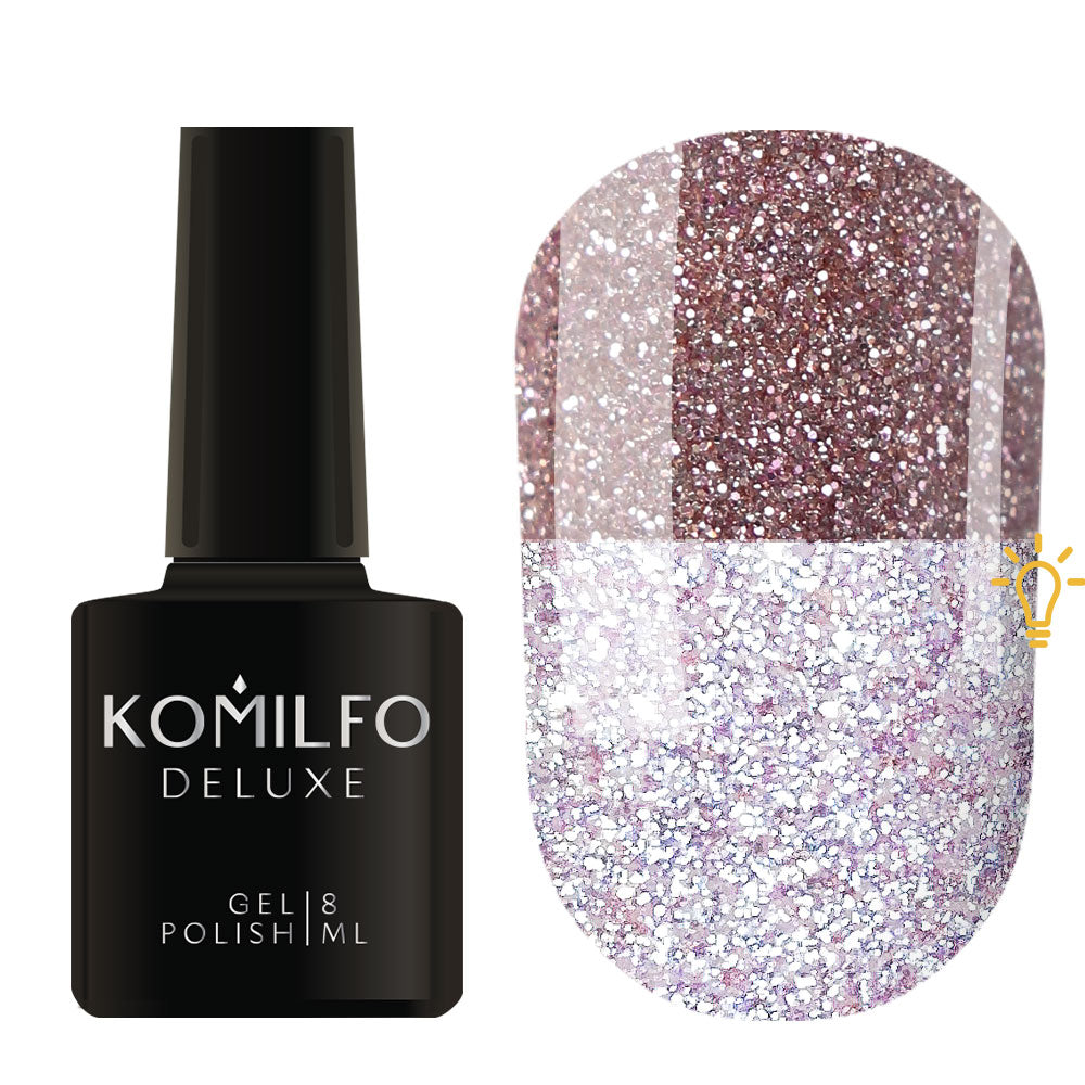 Komilfo Luminous Collection 8ml L004 bottle and swatch (Intense, full-coverage beige/nude reflective glitter that flashes bright white/silver)