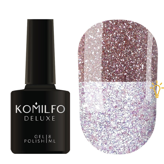 Komilfo Luminous Collection 8ml L004 bottle and swatch (Intense, full-coverage beige/nude reflective glitter that flashes bright white/silver)