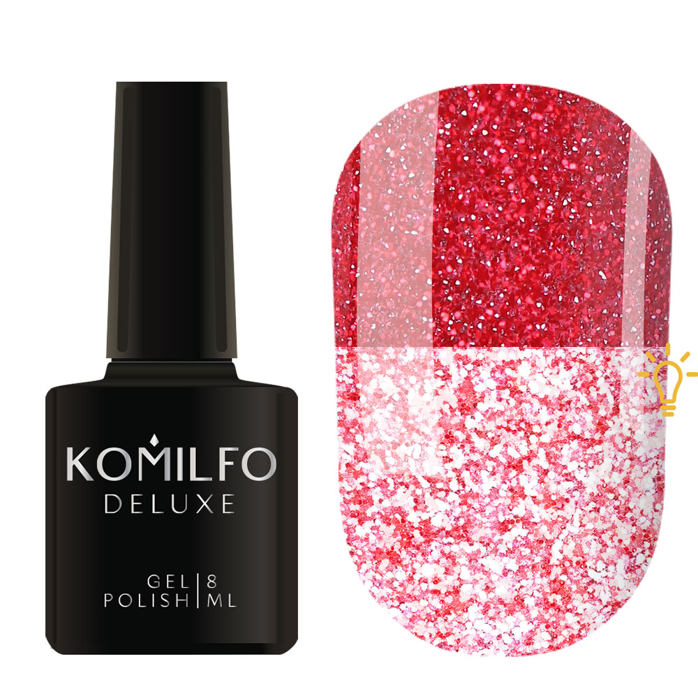 Komilfo Luminous Collection 8ml L005 bottle and swatch (Intense, full-coverage red reflective glitter that flashes bright pink/white)