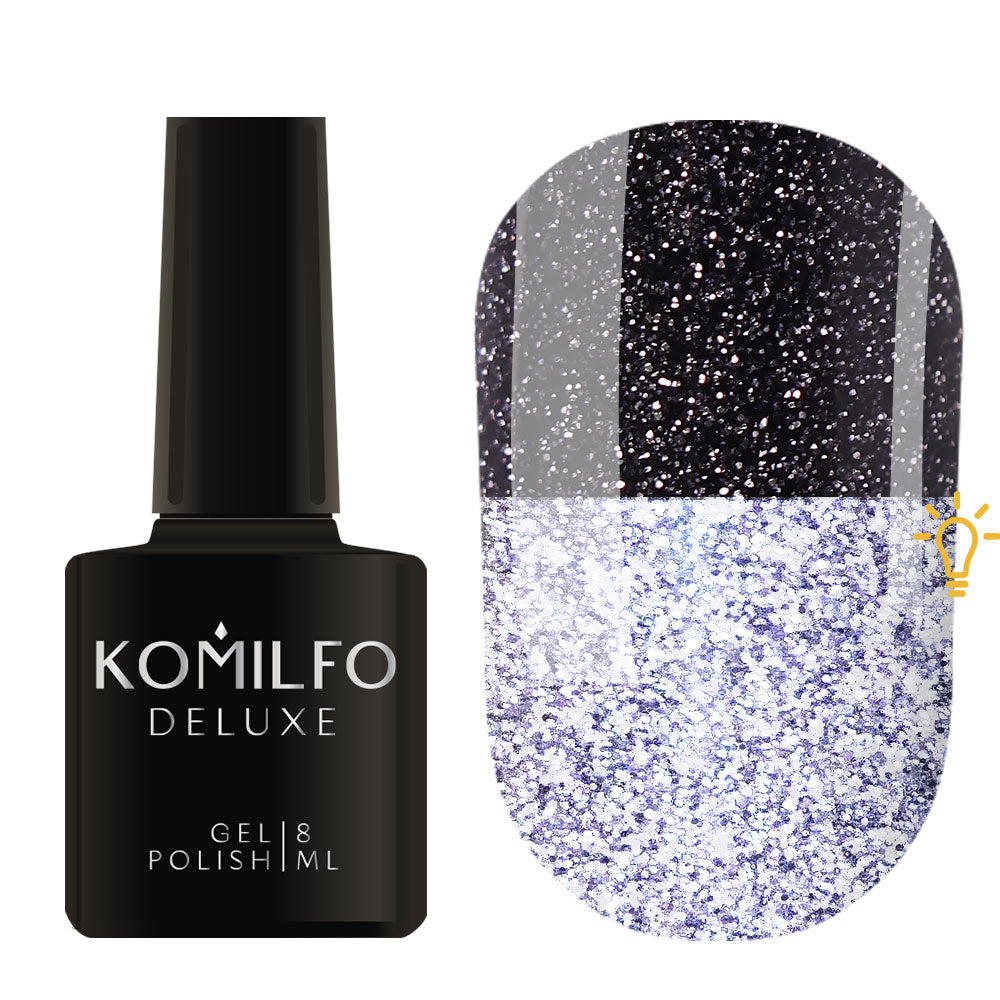 Komilfo Luminous Collection 8ml L006 bottle and swatch (Intense, full-coverage dark eggplant black reflective glitter that flashes bright blue/purple)