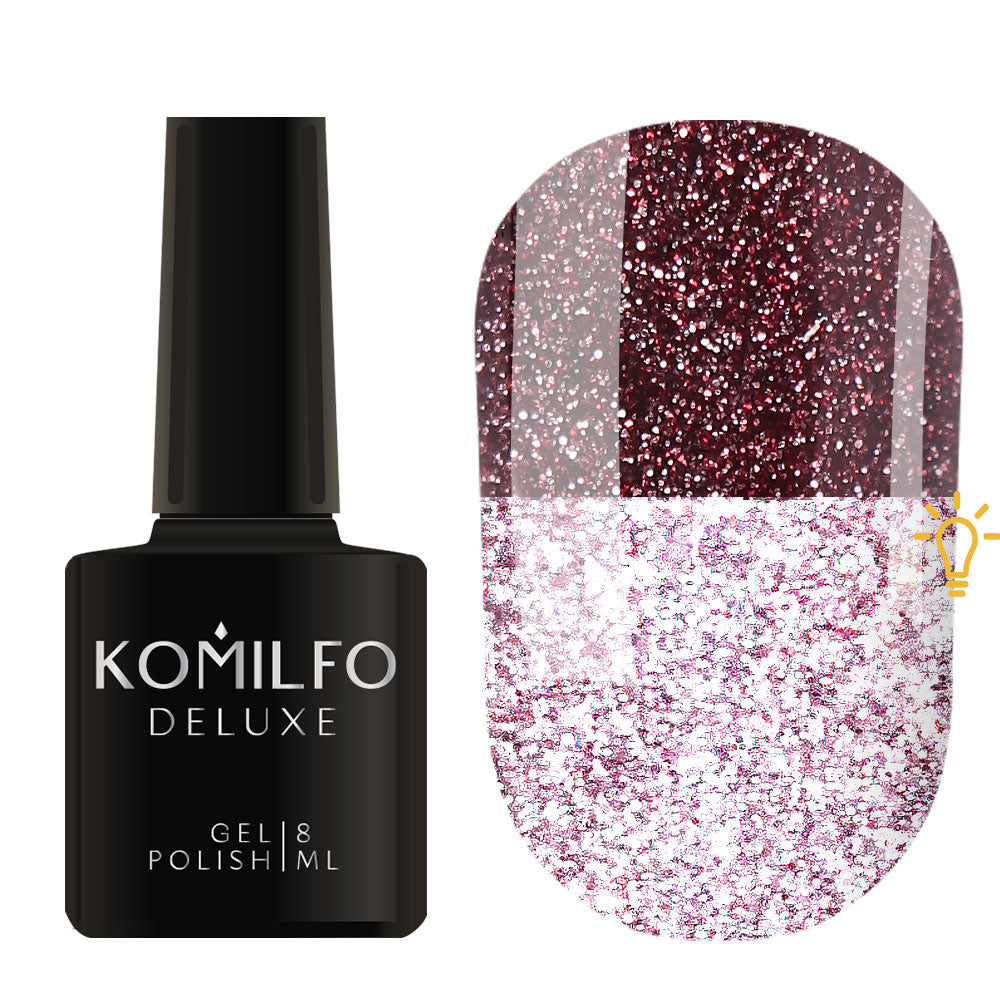 Komilfo Luminous Collection 8ml L009 bottle and swatch (Intense, full-coverage wine red reflective glitter that flashes bright pink/white)