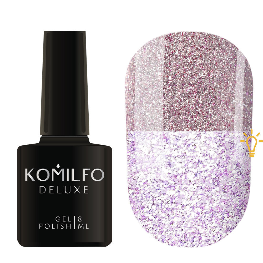Komilfo Luminous Collection 8ml L010 bottle and swatch (Intense, full-coverage lilac reflective glitter that flashes bright white/purple)