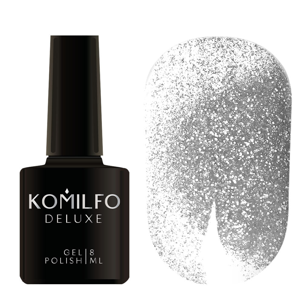 Komilfo Luminous Cat Eye 8ml L002 bottle and swatch (Intense silver magnetic gel polish with reflective sparkle)