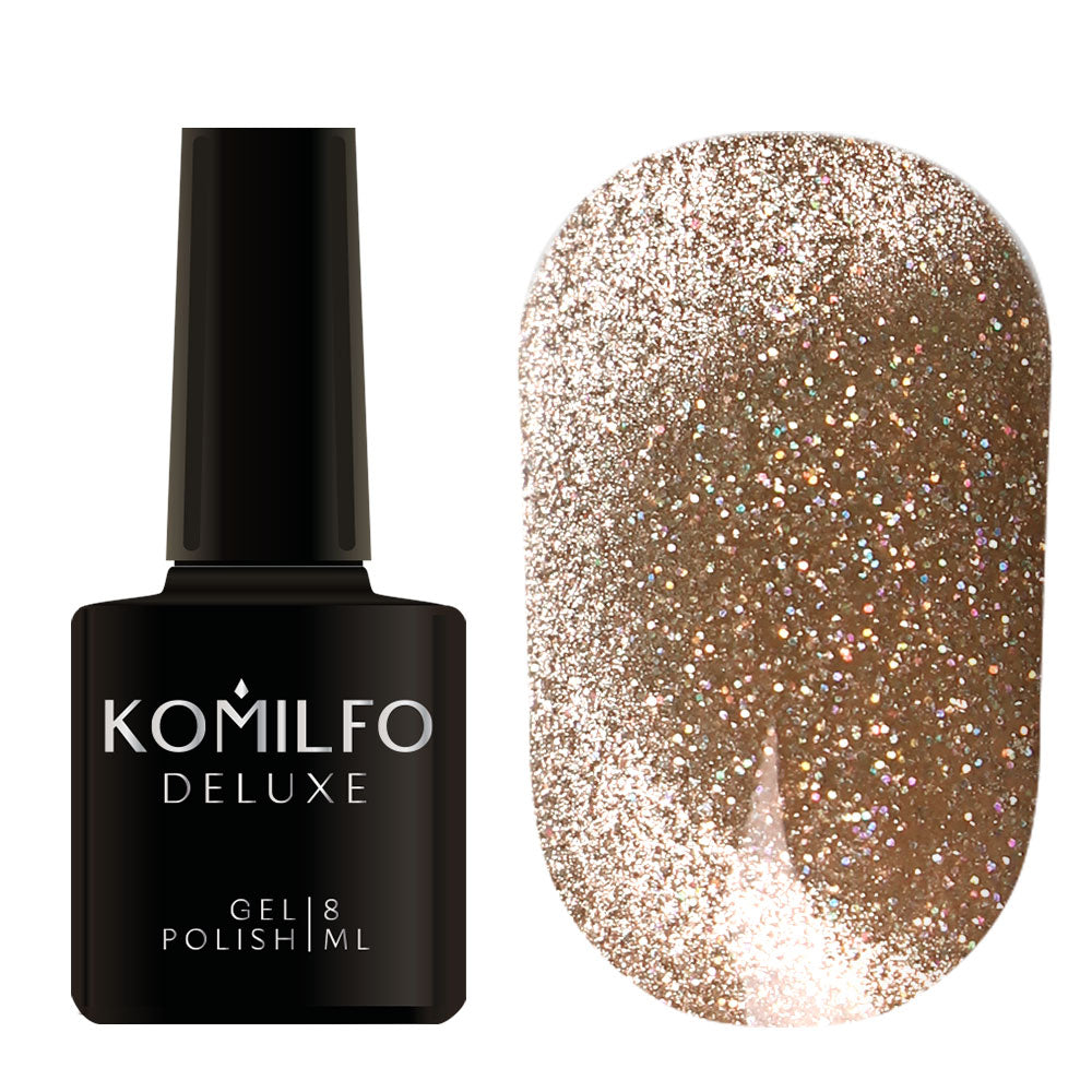 Komilfo Luminous Cat Eye 8ml L004 bottle and swatch (Rich bronze magnetic gel polish with reflective sparkle)