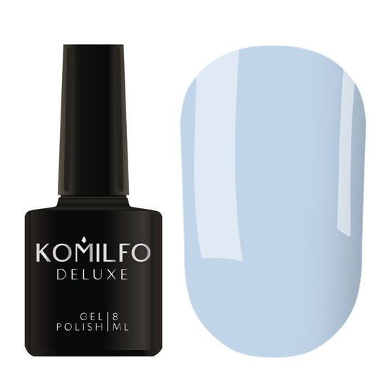 Komilfo Deluxe Gel Polish 8ml M005 Macarons Sky Whisper Pastel Blue bottle and swatch