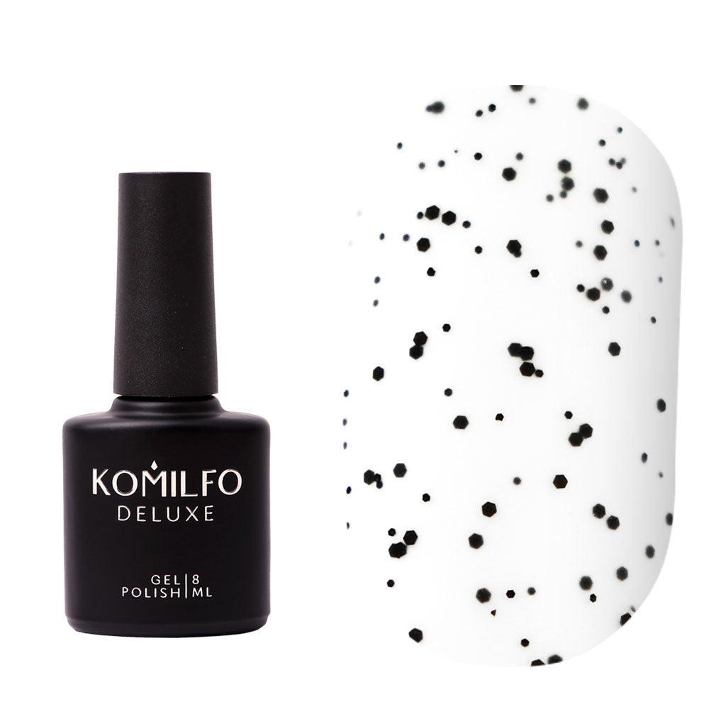 Komilfo No Wipe Matte Dragon Fruit Top Coat (8ml) bottle and swatch (Clear matte gel polish with black speckles)