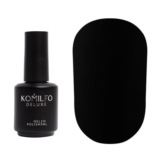 Komilfo No Wipe Matte Top Coat NEW FORMULA (15ml) bottle and swatch (Perfect smooth black velvet matte finish)
