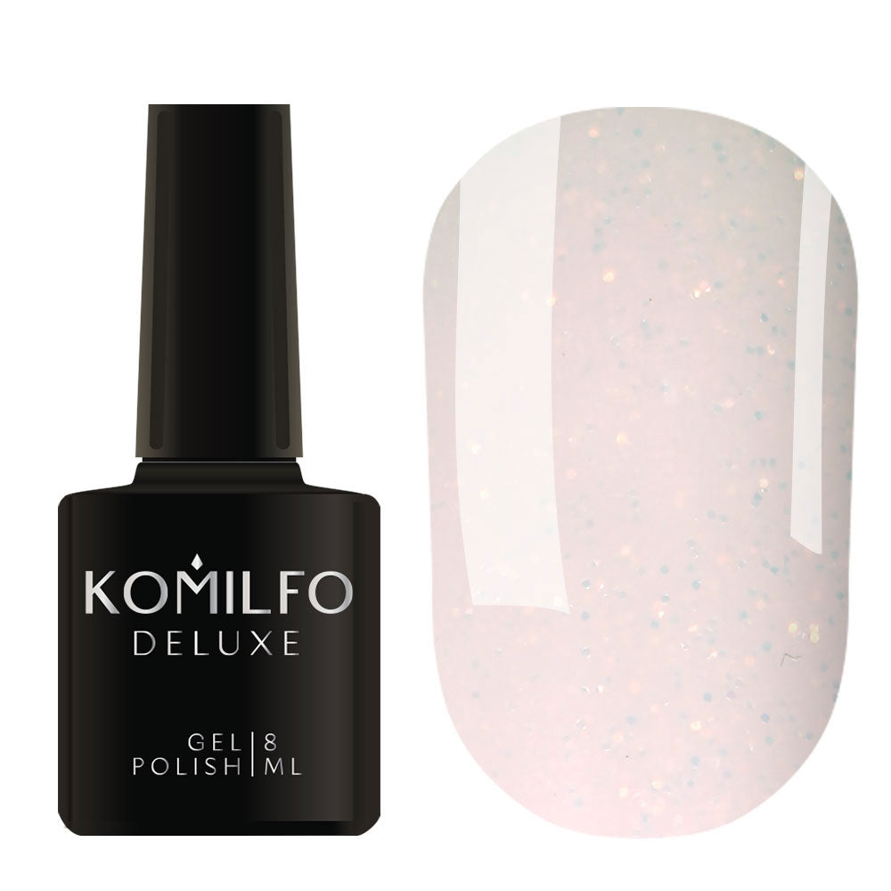 Komilfo Moon Crush 8ml MC003 bottle and swatch (Translucent milky pink base with iridescent/golden fine glitter sparkles)