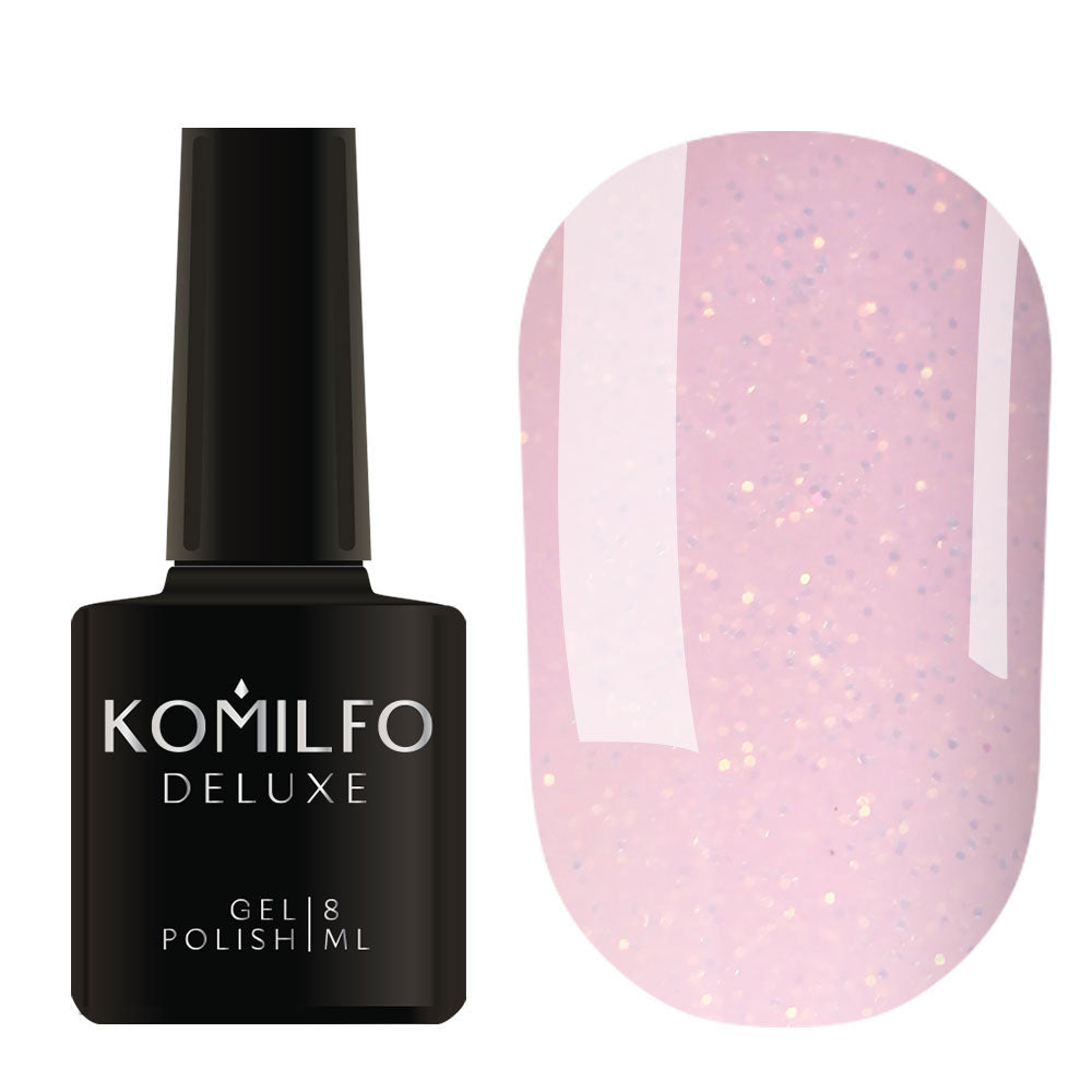 Komilfo Moon Crush 8ml MC004 bottle and swatch (Translucent pale pink base with delicate golden fine glitter sparkles)