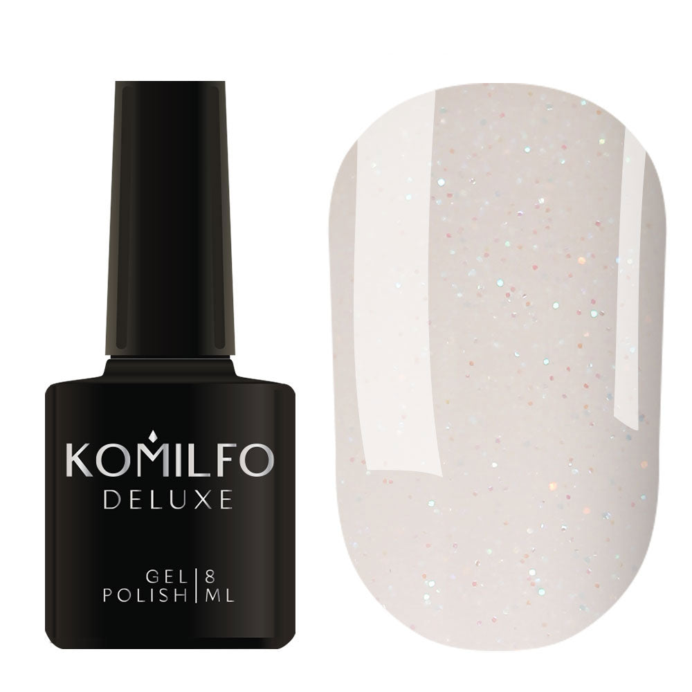 komilfo Moon Crush 8ml MC005 bottle and swatch (Translucent milky white base with iridescent green, blue, and gold fine glitter sparkles)