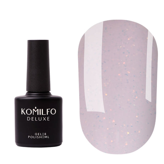 Komilfo Moon Crush Base #103 (8ml) bottle and swatch (Translucent milky pink pigmented base coat with gold and holographic glitter)