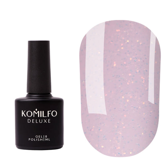 Komilfo Moon Crush Base #104 (8ml) bottle and swatch (Translucent pale pink pigmented base coat with gold and holographic sequins/glitter)