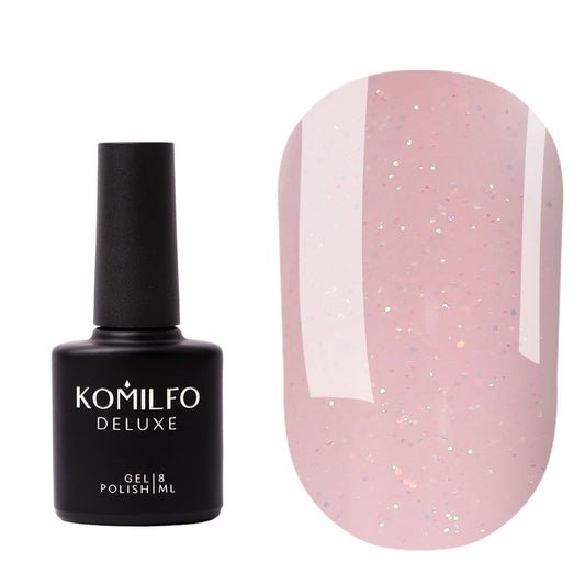 Komilfo Moon Crush Base #106 (8ml) bottle and swatch (Translucent light beige pigmented base coat with golden green glitter)