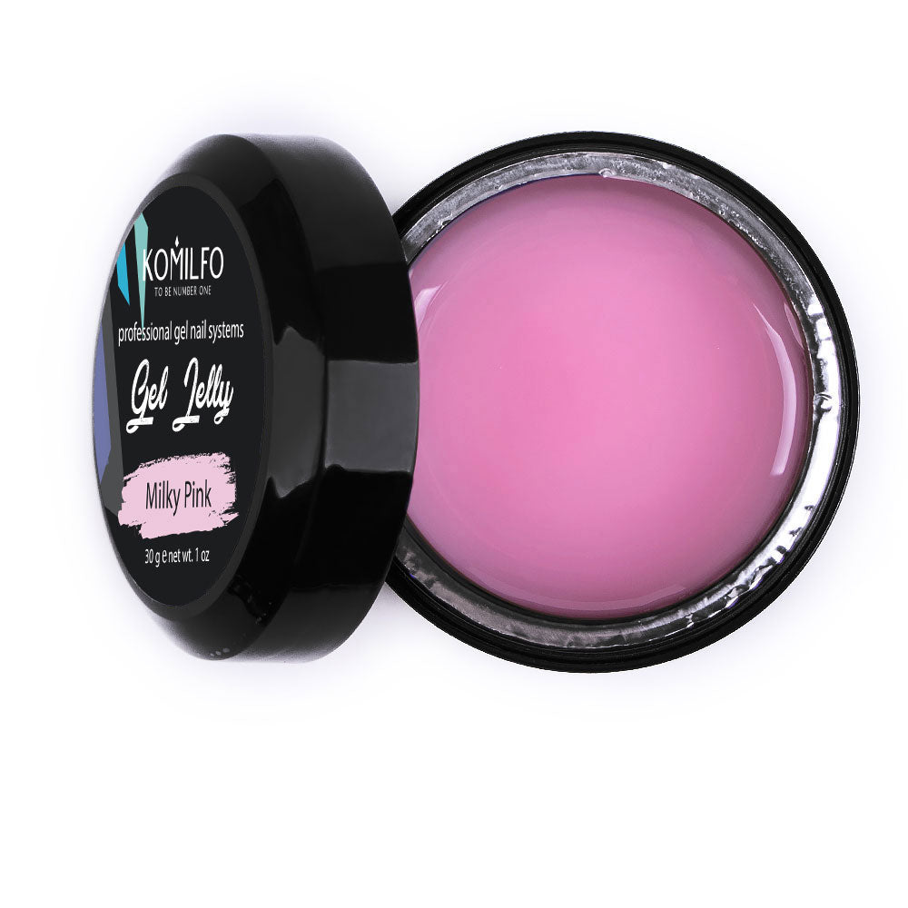 Komilfo Gel Jelly Milky Pink 30g jar, a thixotropic (non-running) opaque pink builder gel for structural nail extensions.