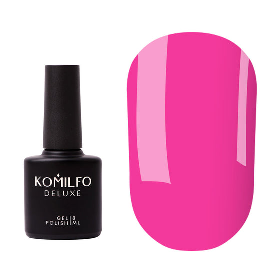 Komilfo Kaleidoscopic Base #005 (8ml) bottle and swatch (Opaque neon raspberry / hot pink pigmented base coat for strengthening nails)