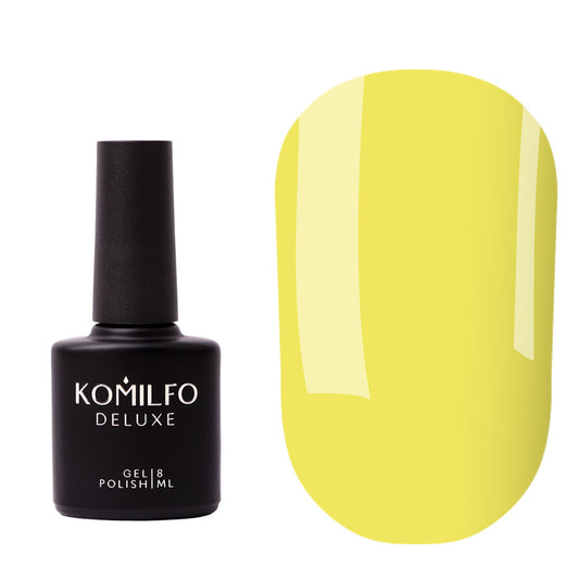 Komilfo Color Base Pale Yellow (8ml) bottle and swatch (Opaque pale yellow pigmented base coat for strengthening nails)