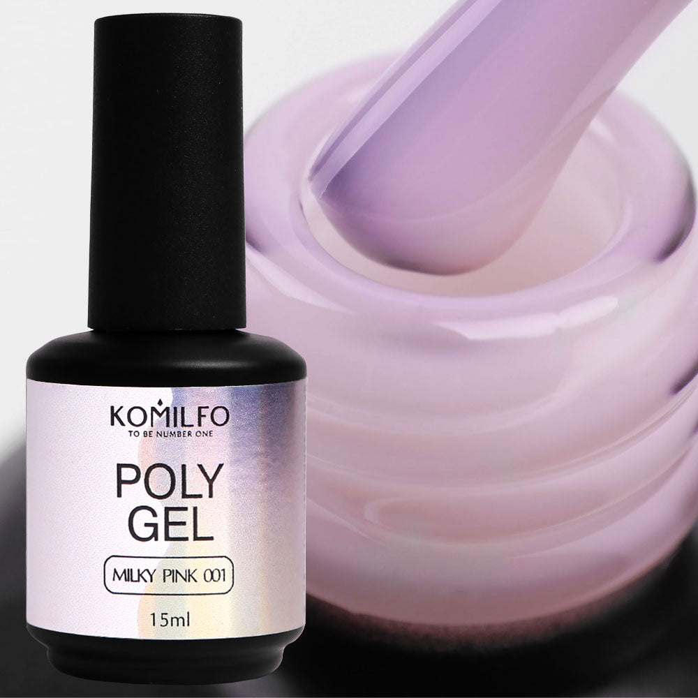 Komilfo PolyGel 001 Milky Pink 15ml bottle and sheer pink color swatch