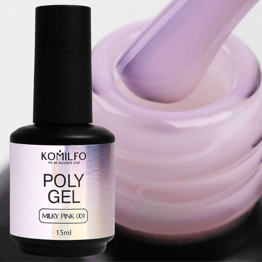 Komilfo PolyGel 001 Milky Pink 15ml bottle and sheer pink color swatch