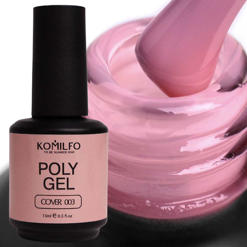 Komilfo PolyGel 003 Cover 15ml bottle and opaque cover pink nude color swatch