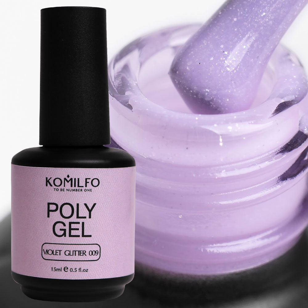 Komilfo PolyGel 009 Violet Glitter 15ml bottle and shimmering lavender purple color swatch