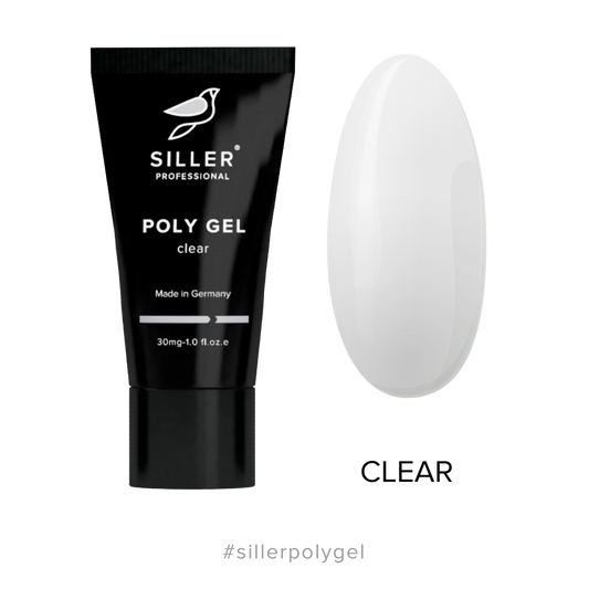Siller Poly Gel Clear in a 30mg black tube. Professional transparent hybrid acrylic-gel for strong nail extensions and structural modeling.