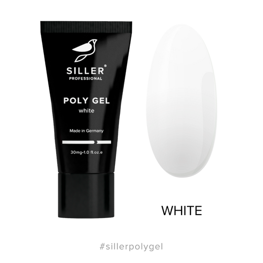 Siller Poly Gel White in a 30mg black tube. Professional opaque white hybrid acrylic-gel for nail extensions and French manicures.