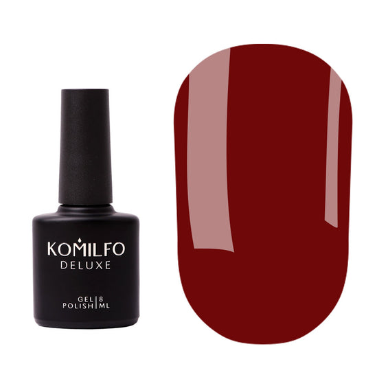 Komilfo Color Base Red Lipstick (8ml) bottle and swatch (Opaque deep burgundy red pigmented base coat for strengthening nails)
