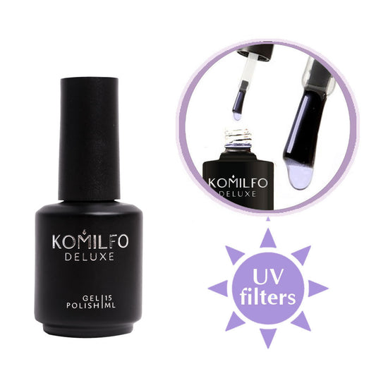 Komilfo No Wipe Rubber Top Coat (15ml) bottle, showing the glossy, clear gel and UV filters icon.