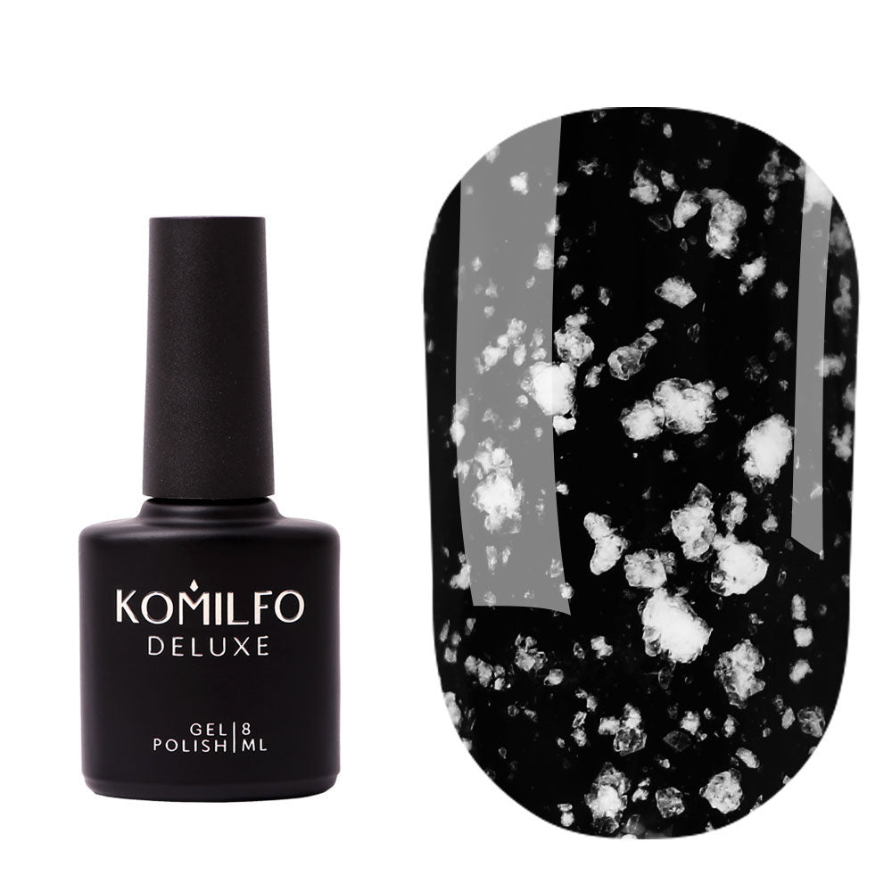 Komilfo No Wipe Snow Top Coat (8ml) bottle and swatch (Black base glossy top coat with white speckles)
