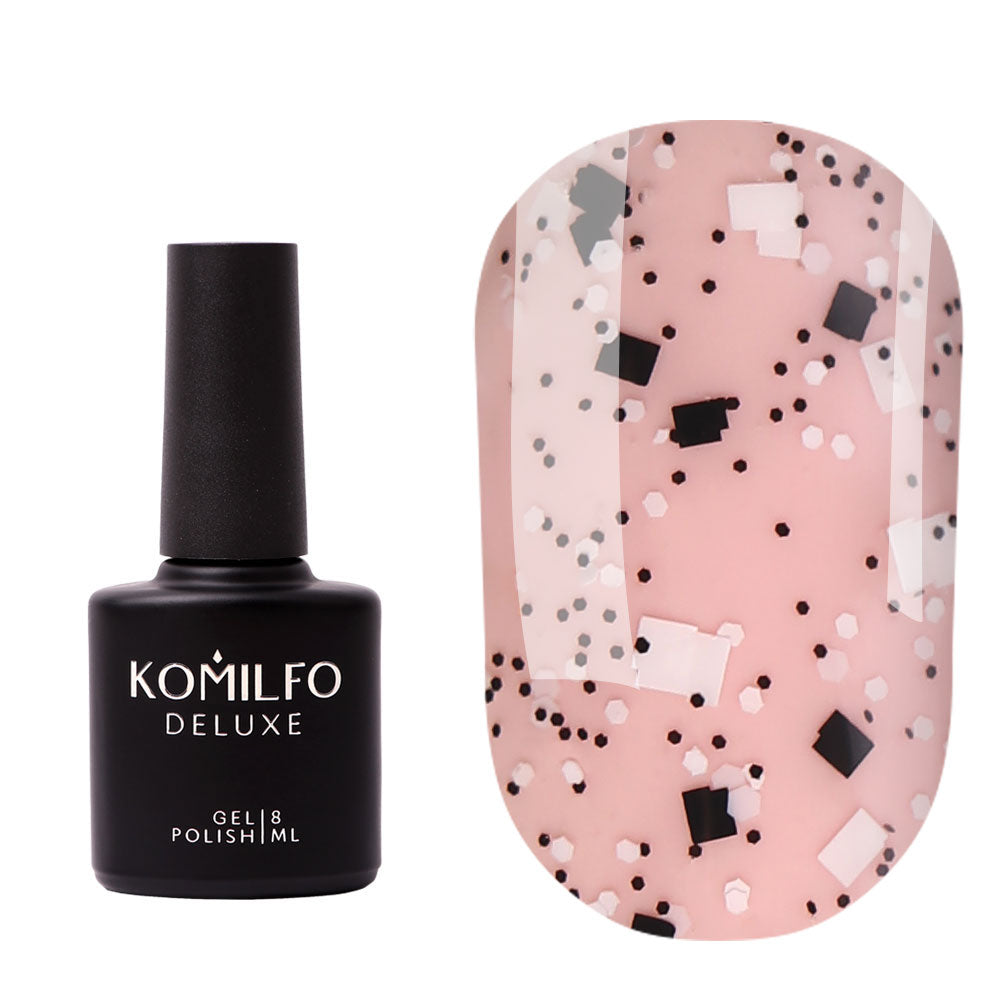 Komilfo No Wipe Top Stone Coat (8ml) bottle and swatch (Glossy top coat with black square and white/black speckle inclusions)